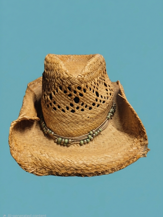 Accessories - Natural Straw Cowboy Hat with Beaded Band - Tan